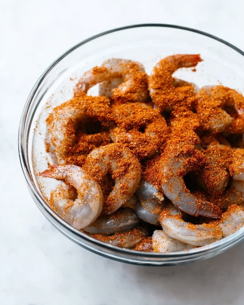 A clear glass bowl filled with raw shrimp covered in a layer of reddish-brown spice powder. The shrimp are mostly gray with pinkish hues under the spice, arranged in a slightly curled shape, visible through the glass bowl that sits on a white marbled surface. The spices appear thick and unevenly spread over the shrimp, making the color contrast strong between the light shrimp and dark spicy coating. photo taken with an iphone --ar 4:5 --v 7