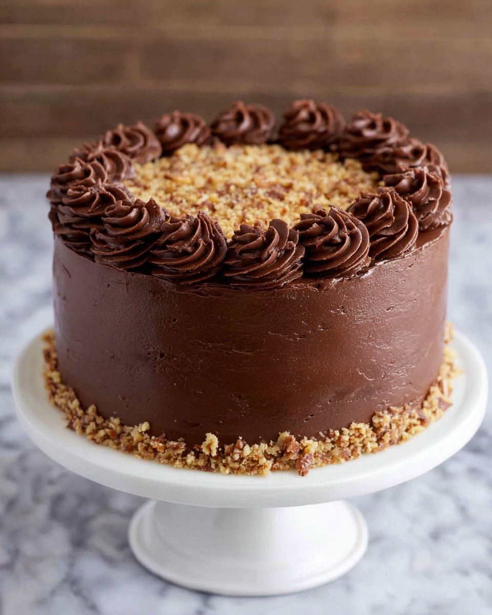 A three-layer chocolate cake is covered with smooth, rich chocolate frosting on the sides with visible swirls and texture. On top, a thick layer of light brown nut crumble fills the center, surrounded by evenly spaced, dark chocolate rosettes around the edge. The cake sits on a white cake stand, placed on a white marbled surface. Photo taken with an iphone --ar 4:5 --v 7