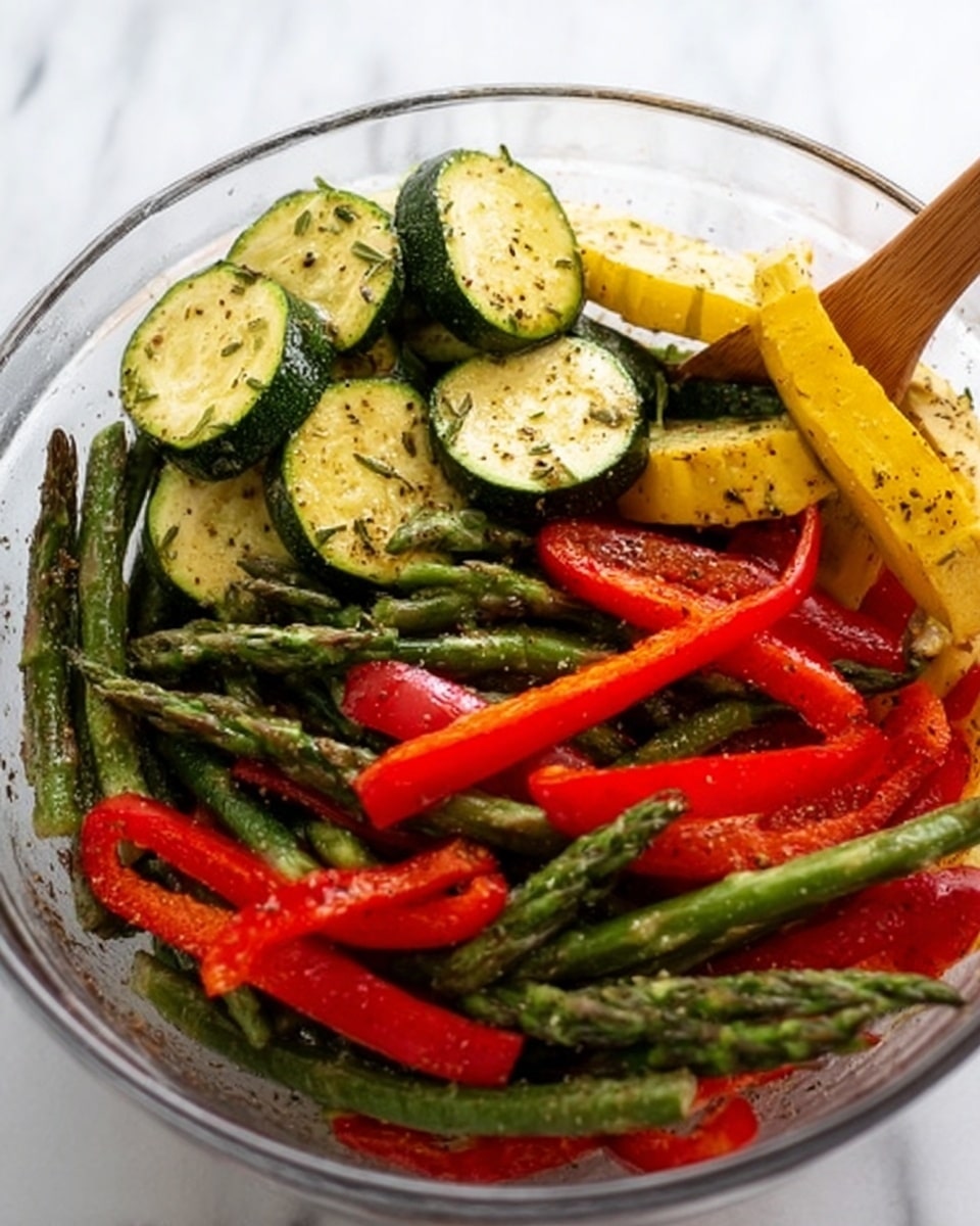 The image shows a clear glass bowl filled with colorful cooked vegetables on a white marbled surface. The bowl has three main layers: at the bottom, long green asparagus spears with a slightly glossy texture, mixed with bright red bell pepper strips; the middle layer contains round green zucchini slices with light grill marks and a soft texture; on top, there is a piece of yellow squash, sprinkled with black pepper and herbs. A wooden spoon is visible, slightly lifting some of the vegetables. The colors are vibrant, and the vegetables look freshly cooked with light seasoning. Photo taken with an iphone --ar 4:5 --v 7