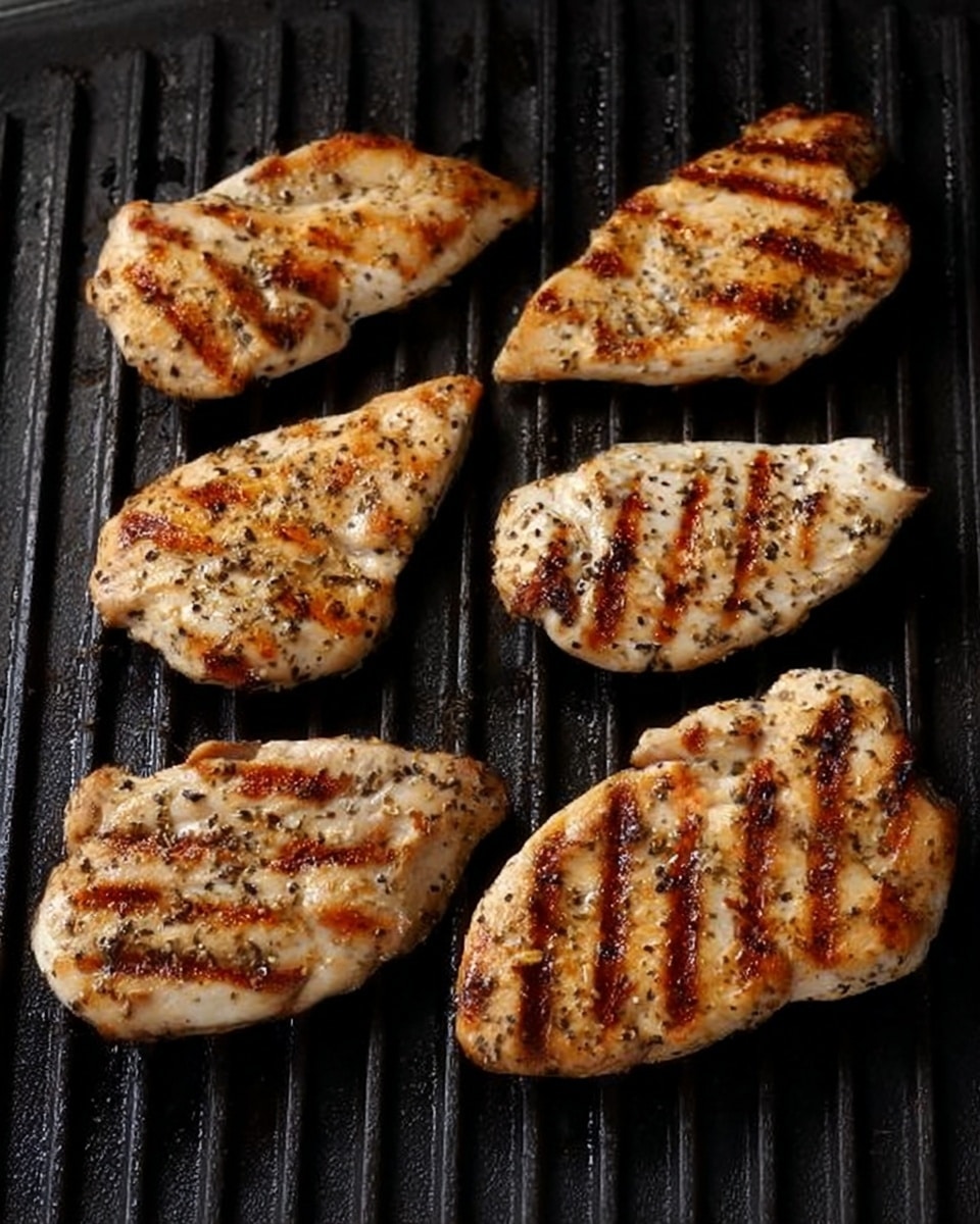 Seven pieces of grilled chicken with clear, dark grill marks are arranged evenly on a black grill rack. The chicken pieces vary in size and shape, with a light brown, slightly speckled texture showing the cooked surface and visible seasoning. The grill bars create parallel lines across each piece. The background is a white marbled texture. photo taken with an iphone --ar 4:5 --v 7