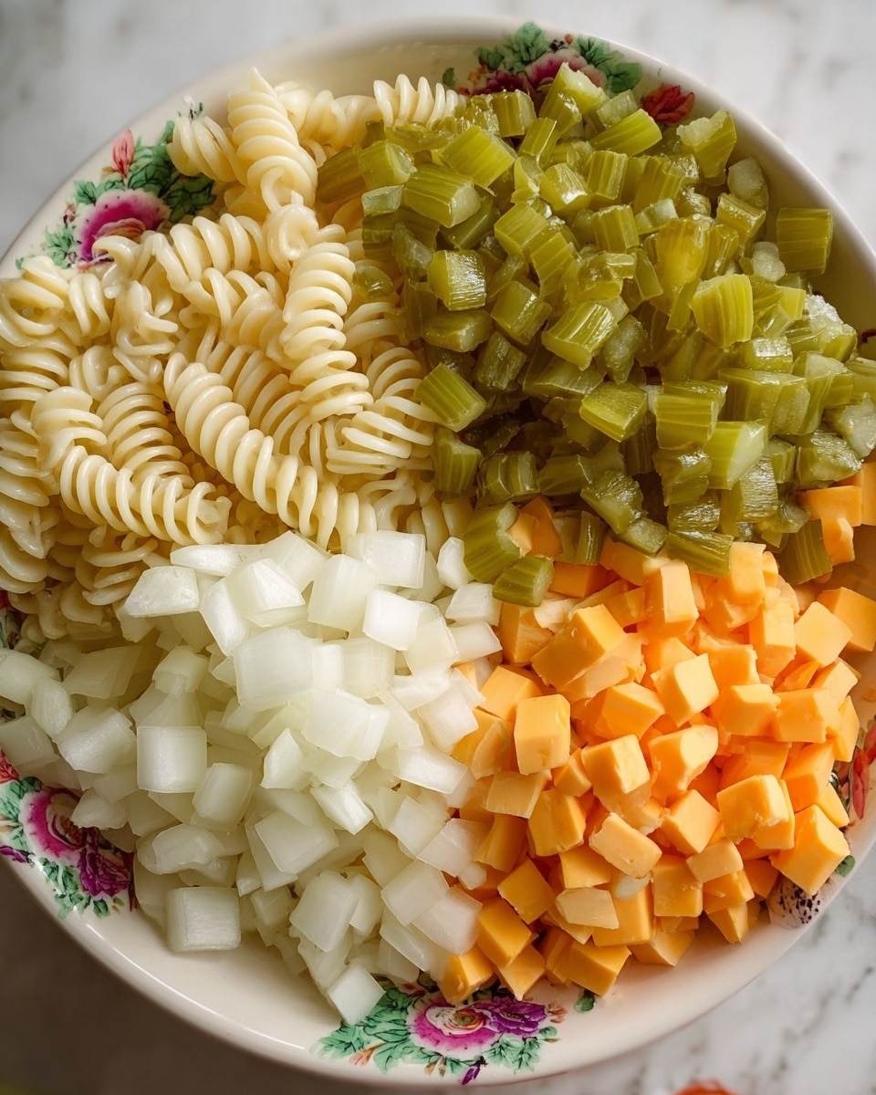 This image shows a close-up of a colorful dish in a white bowl with a floral pattern on the rim. The dish has four main layers: off-white spiral pasta at the bottom left, small white diced onions just above the pasta, green diced pickles forming a large central section, and orange and white small cubed cheese filling the bottom right area, blending smoothly with the pickles. The textures vary with the smooth pasta spirals, crisp onion pieces, moist pickle chunks, and firm cheese cubes. The background is a white marbled surface. photo taken with an iphone --ar 4:5 --v 7