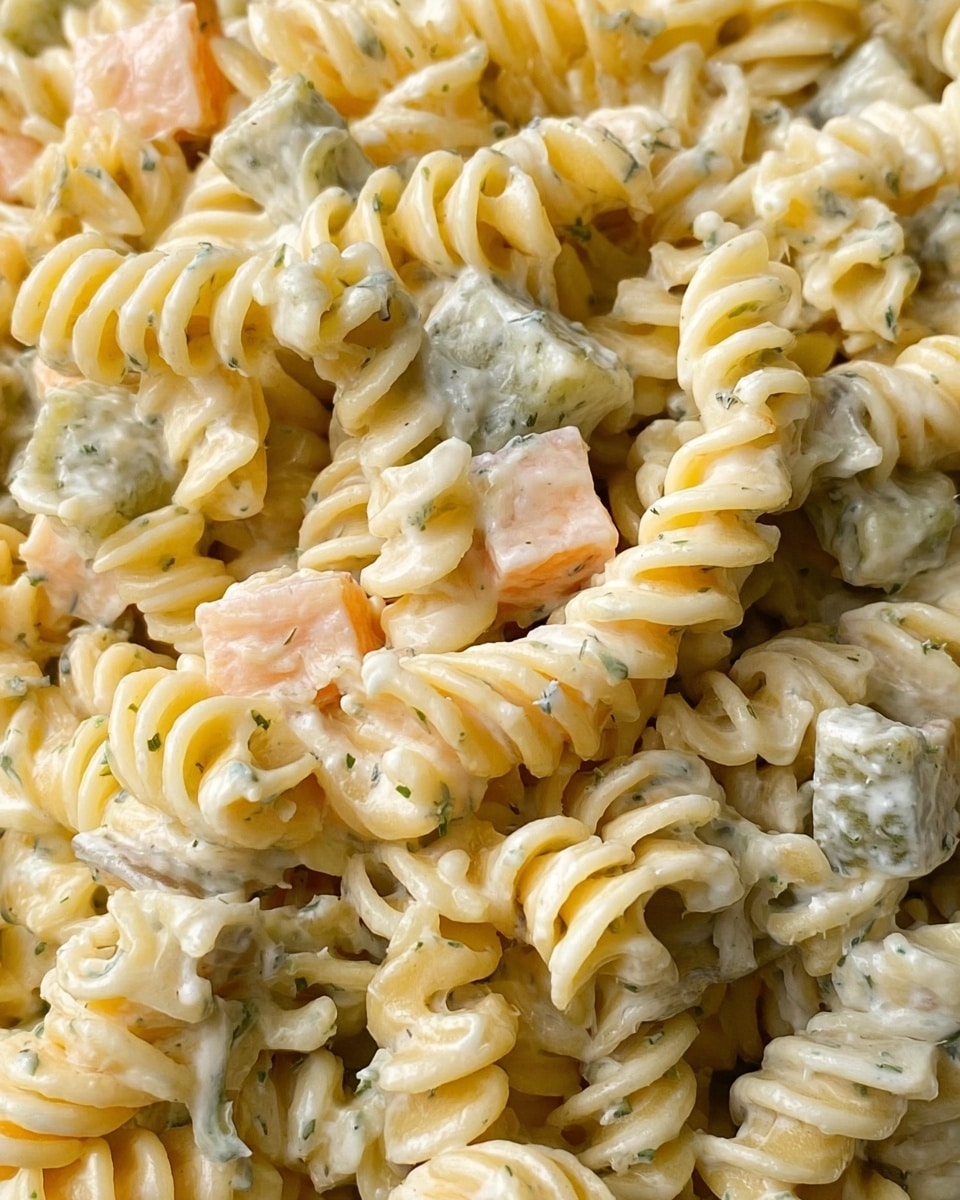 This close-up image shows a creamy pasta salad made of spiral rotini pasta that is light yellow in color, mixed evenly with small cubes of pale orange cheese and pieces of greenish-white pickles coated in a thick white creamy dressing sprinkled lightly with herbs. The texture looks soft and smooth with the dressing clinging to the pasta spirals and other ingredients in a uniform layer. The salad fills the frame making the ingredients appear fresh and well combined with no other items or background visible. photo taken with an iphone --ar 4:5 --v 7