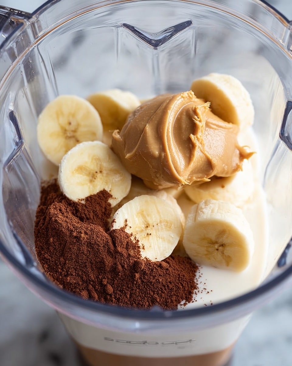 The image shows a blender container filled with layers of ingredients ready to be mixed. The bottom layer is white milk, filling about a quarter of the container. Above that, there are several thick slices of yellow banana scattered in the middle. A large scoop of smooth, light brown peanut butter sits on top of the bananas, slightly to the right side. To the left of the peanut butter is a dusting of dark brown cocoa powder, adding a powdery texture. The background is a white marbled texture, and the photo has clear lighting with soft shadows. photo taken with an iphone --ar 4:5 --v 7