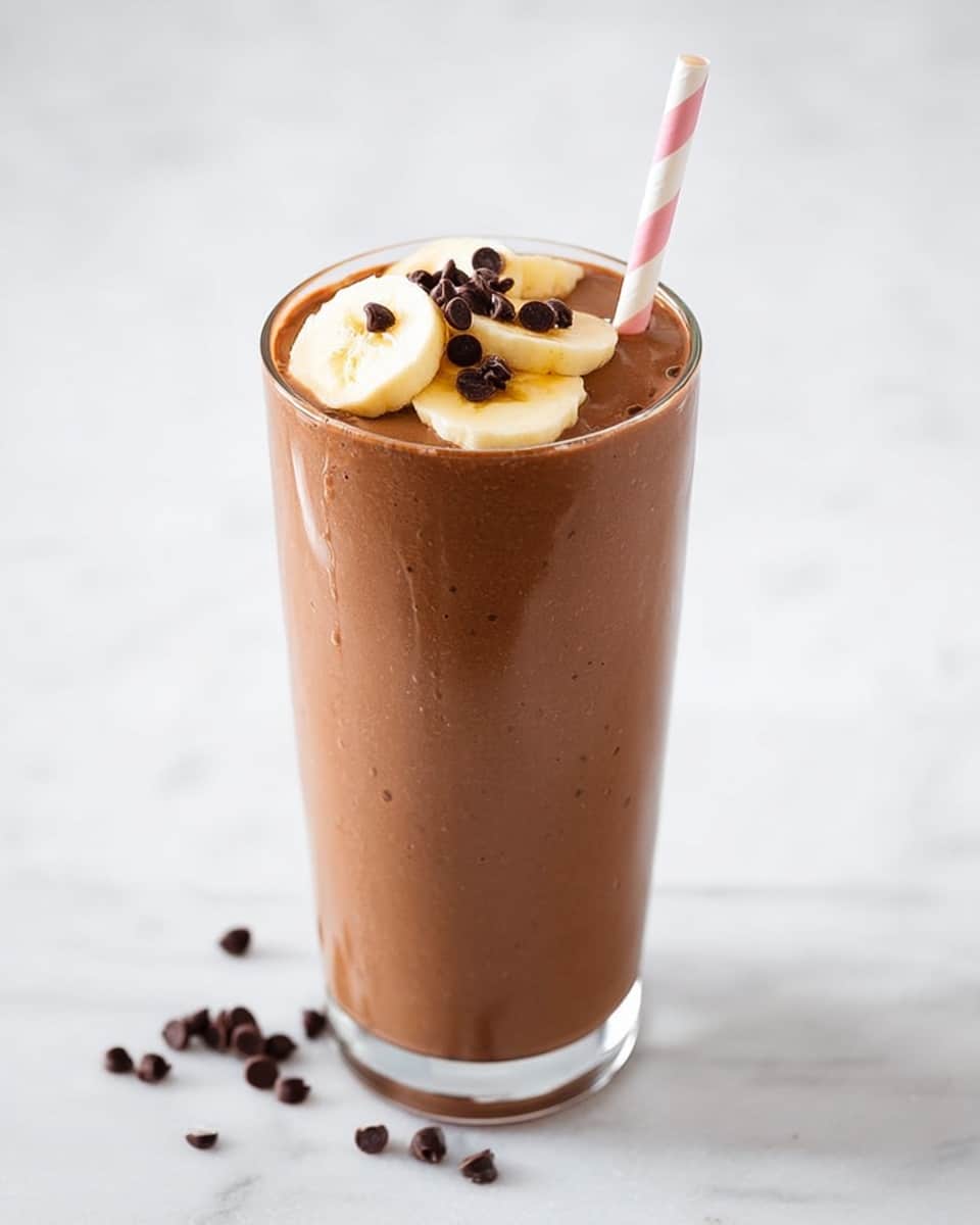 A tall clear glass filled with a thick, smooth chocolate milkshake showing a rich brown color with slight darker swirls inside. On top, there are thin round banana slices arranged slightly overlapping in the center, each topped with small dark chocolate chips scattered across them. A white and pink striped straw is placed upright in the drink, slightly angled. The glass sits on a white marbled surface with a few more chocolate chips scattered around. The background is plain light with soft lighting. photo taken with an iphone --ar 4:5 --v 7