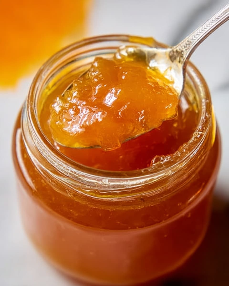 A close-up view of an open glass jar filled with shiny orange-yellow jam, showing a thick, smooth texture with some small chunks. A silver spoon is dipped into the jam, lifting a scoop that catches the light and glistens. The background is softly blurred with warm orange tones, and the jar is placed on a surface with a white marbled texture. photo taken with an iphone --ar 4:5 --v 7