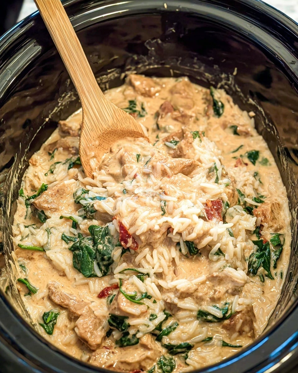 The image shows a close-up of a black slow cooker filled with creamy rice mixed with chunks of white meat, bits of red sun-dried tomatoes, and bright green spinach leaves. The creamy sauce coats everything, giving a smooth texture to the dish. A wooden spoon is lifted inside the cooker, stirring the thick, soft mixture with visible pieces of rice and spinach. The overall colors are light beige from the sauce, white from the meat and rice, green from the spinach, and hints of red from the tomatoes. The slow cooker sits on a white marbled surface, and natural light creates soft shadows inside the cooker. Photo taken with an iphone --ar 4:5 --v 7