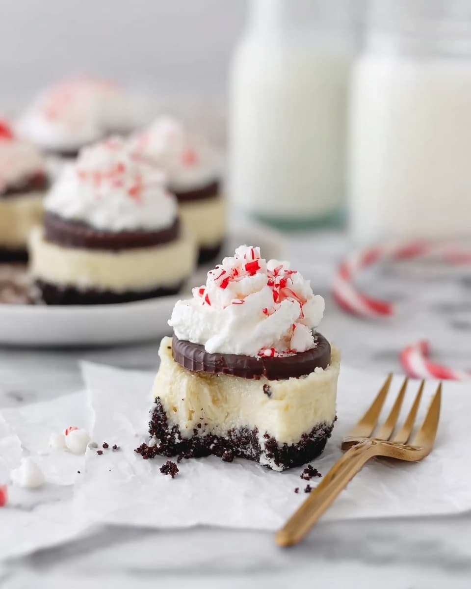 The image shows a close-up of a small dessert with four layers placed on white parchment paper on a white marbled surface. The bottom layer is a dark crumbly crust, followed by a creamy pale yellow filling as the second layer. The third layer is a thin dark chocolate disk sitting on top of the filling. The final top layer is a fluffy white whipped cream sprinkled with small red candy pieces. Next to the dessert is a gold fork, and in the blurry background, more desserts on a white plate are visible. A glass jar of milk is also seen behind the fork. The photo taken with an iphone --ar 4:5 --v 7
