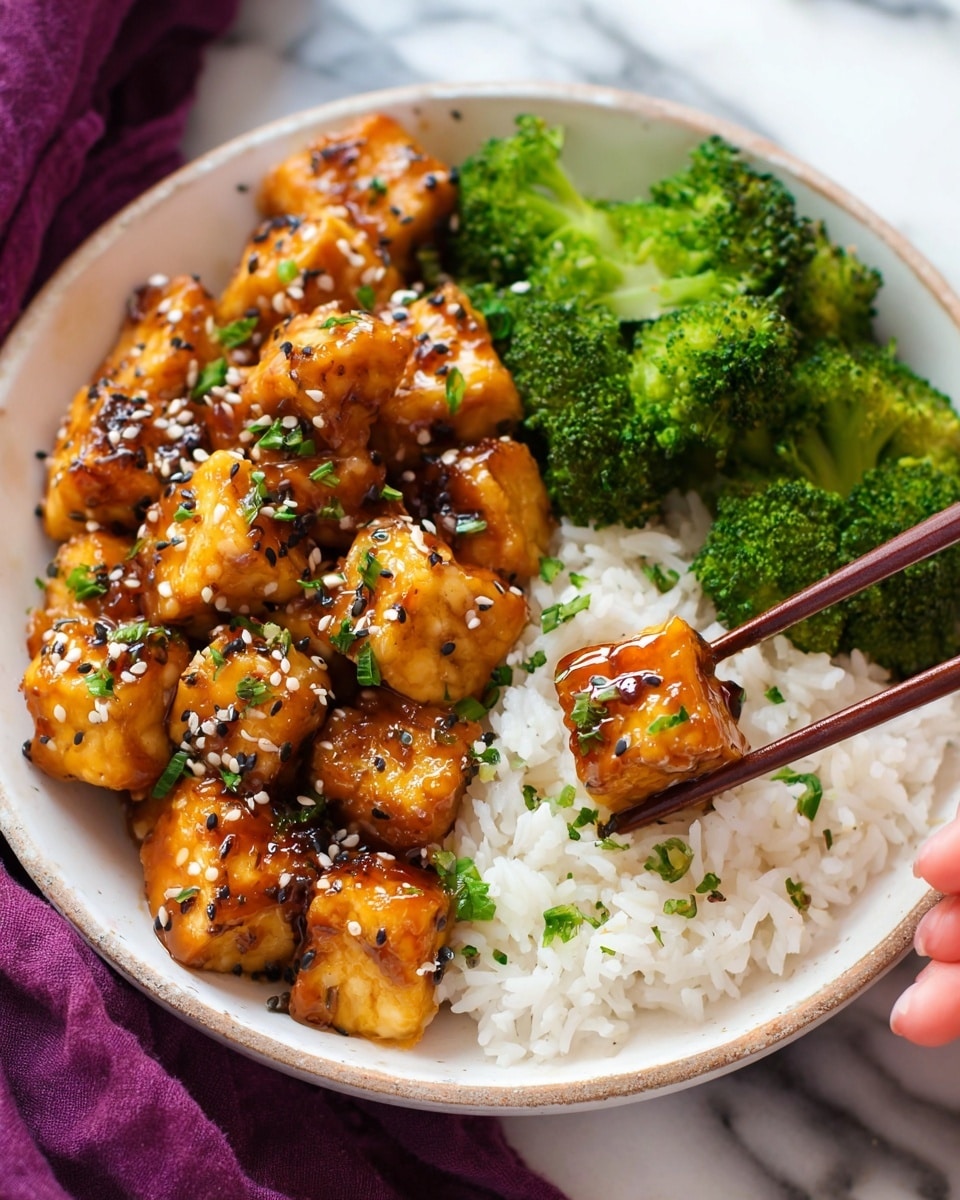 The dish shows a white shallow bowl filled with three main layers: at the bottom, a layer of fluffy white rice as the base; on the left side, many golden-brown cubes coated in a shiny dark brown sauce, sprinkled with white and black sesame seeds and small green chopped herbs; on the right side, bright green cooked broccoli florets that add a fresh, crisp texture contrast. The cubes are being gently lifted by a pair of brown chopsticks held by a woman's hand. The bowl is placed on a white marbled surface with a purple cloth nearby. Photo taken with an iphone --ar 4:5 --v 7
