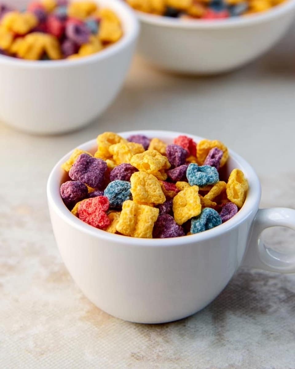A white cup with a small handle is filled with colorful cereal pieces. The cereal has three main colors: yellow, purple, and a few pieces in red and blue, all with a rough texture. The cup is placed on a white marbled surface and the background shows parts of two other white bowls also filled with cereal. The view is close and focused on the cup, with soft natural light. photo taken with an iphone --ar 4:5 --v 7