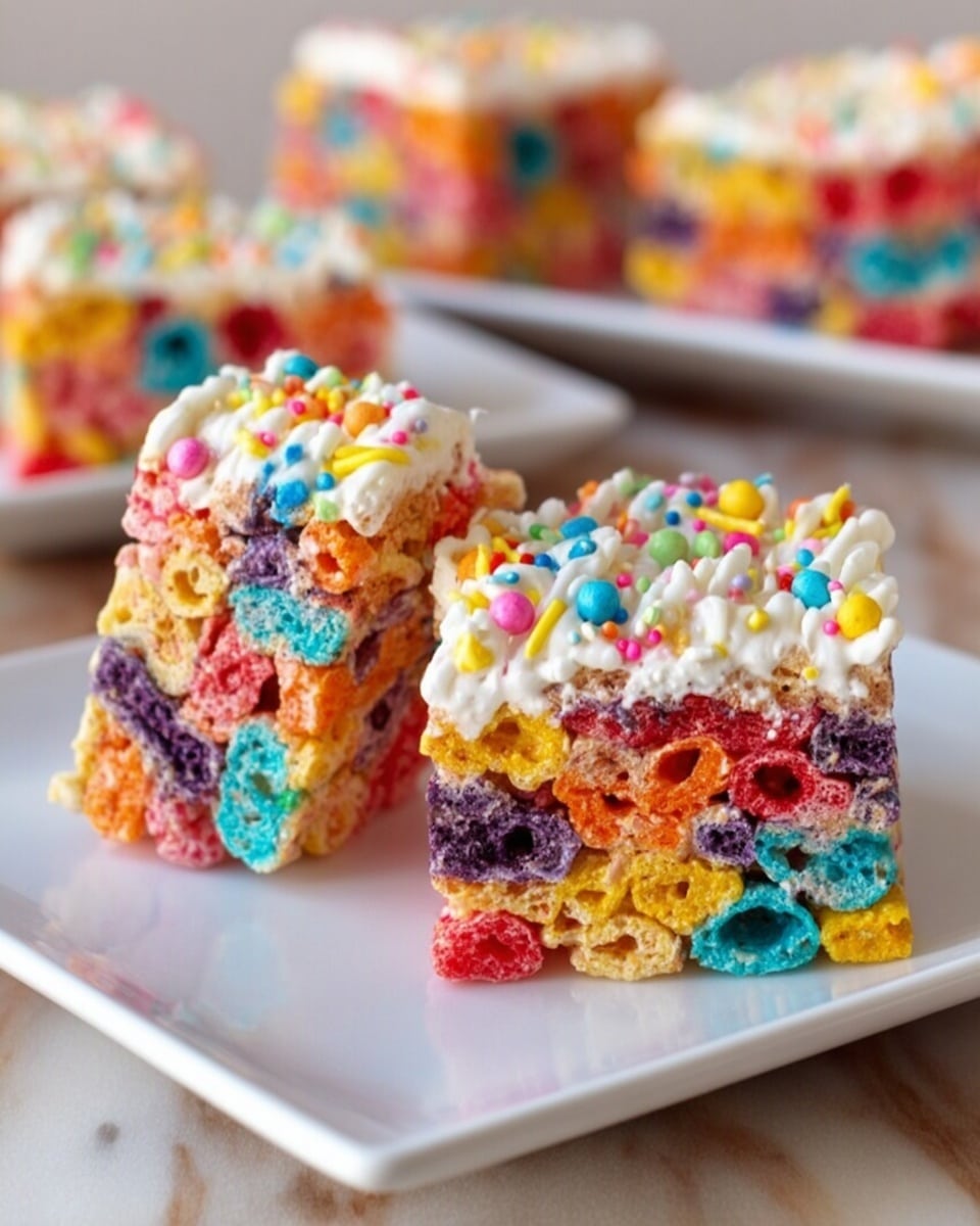 Two pieces of colorful cereal treats are stacked on a white square plate over a white marbled surface. Each treat has multiple cereal layers in bright colors like red, blue, orange, purple, yellow, and green stuck together with a white creamy layer. The top treat is decorated with white frosting and small, round, multicolored sprinkles that add a playful touch. The texture looks soft but firm enough to hold the shapes. In the background, more similar treats on white plates are blurred out. Photo taken with an iphone --ar 4:5 --v 7