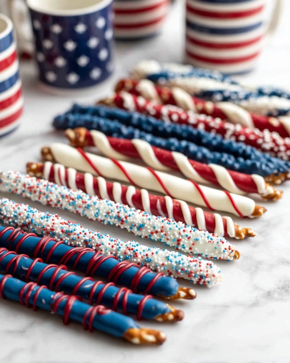 A collection of six neat rows of pretzel rods lays flat on a white marbled surface. The first row at the front is covered in white coating with red and blue small round sprinkles. The second row is coated in dark blue with thin red drizzles spiraling from top to bottom. The third row has a white coating with red and blue thin diagonal lines wrapped around each rod. The fourth row has a pattern of alternating red, white, and blue coatings forming a striped flag pattern. The fifth row consists of pretzels dipped in red and white stripes, resembling candy canes. The sixth row is coated in dark blue with light blue drizzle. A few mugs with red, white, and blue stripes and stars pattern sit in the blurred background. photo taken with an iphone --ar 4:5 --v 7