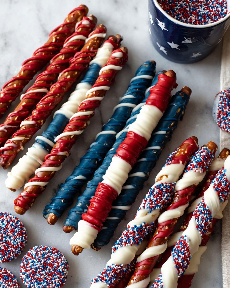 The image shows pretzel sticks decorated with colored coatings and drizzles in red, white, and blue, arranged on a white marbled surface. One set of pretzels has a red base layer fully covered with white drizzles spiraling from top to bottom. Another group has three clear layers: the bottom part in blue, the middle section alternating red and white segments, and the top mostly covered with dark blue with a thick textured drizzle. Smaller pretzels nearby have a white base with red and blue drizzles in thin stripes, and others are coated fully white with red and blue sprinkles on top. A cup with a dark blue paint and white stars is partly visible in the top right corner. photo taken with an iphone --ar 4:5 --v 7