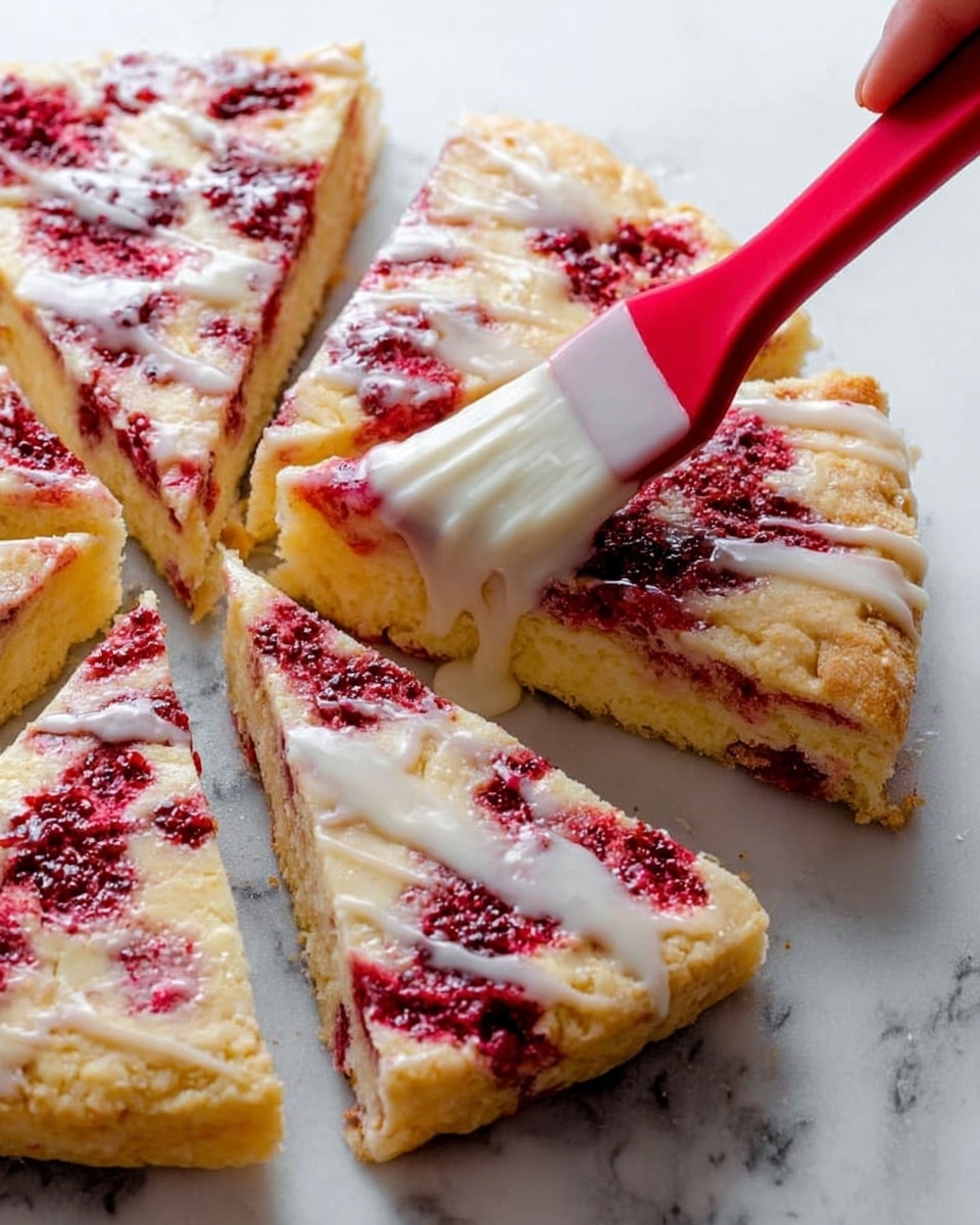 A round pastry is cut into six large triangular slices arranged in a circle on a white marbled surface. Each slice has a light golden crust with patches of red fruit filling spread unevenly on top and slightly inside the pastry. The texture of the pastry looks soft and crumbly. A red brush is held by a woman's hand, spreading a white creamy glaze over one slice, creating a shiny, smooth layer that contrasts with the rough texture below. Photo taken with an iphone --ar 4:5 --v 7