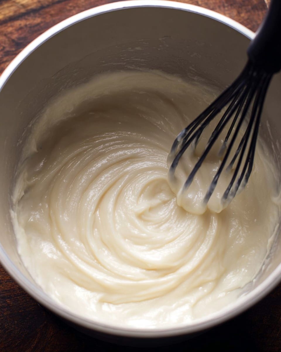 The image shows a close-up view of a thick, creamy white mixture swirled inside a white pot. The mixture has a smooth, glossy texture with visible spiral patterns formed by stirring. A black whisk is partially dipped in the mixture on the right side, lifting some of it, and the pot is placed on a dark wooden surface. The photo focuses on the creamy mixture and the whisk inside the pot. photo taken with an iphone --ar 4:5 --v 7