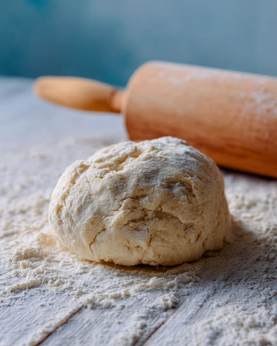 A rough, pale dough ball with a slightly cracked and soft texture rests on a white marbled surface dusted with flour. Behind the dough, a wooden rolling pin lies horizontally. The scene shows flour scattered gently around the dough, emphasizing a rustic and fresh baking moment photo taken with an iphone --ar 4:5 --v 7