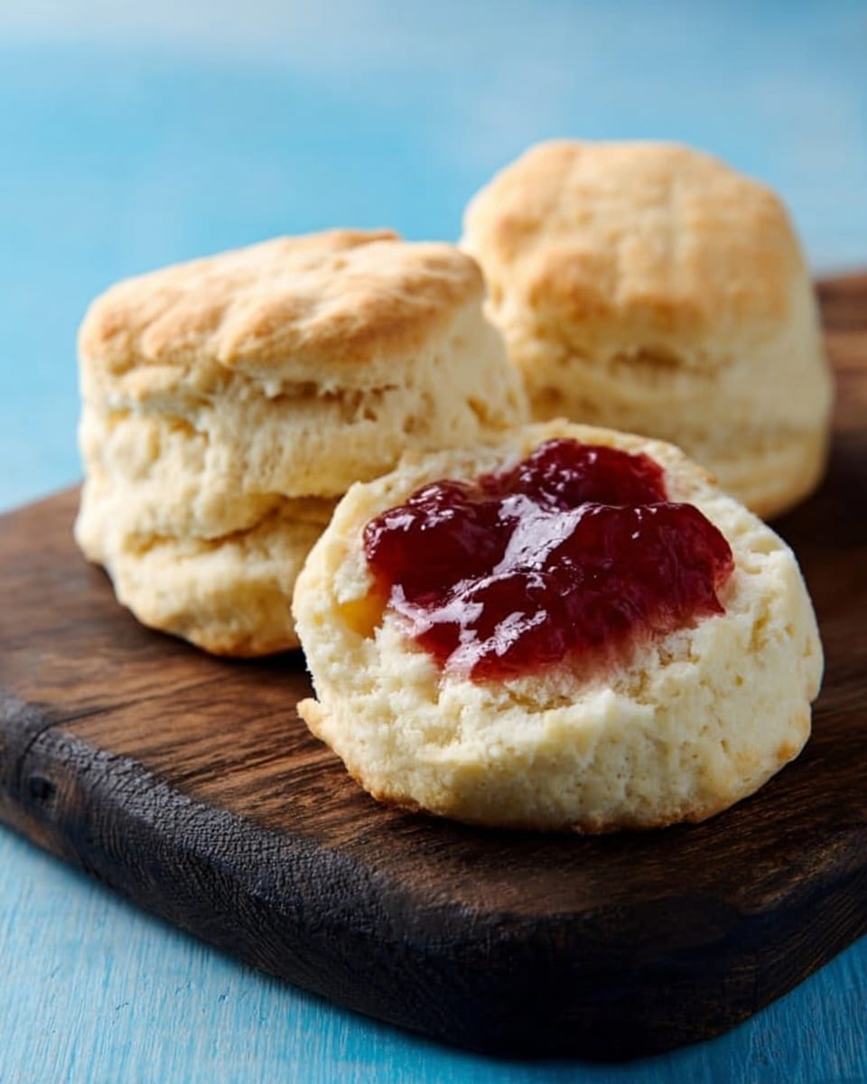 The image shows three soft, pale golden biscuits on a dark wooden board with a blue background. One biscuit is open on top, revealing a glossy, deep red jam spread evenly in the center. The biscuits have a fluffy, crumbly texture with light cracks on the surface. The other two whole biscuits sit behind the open one, showing smooth rounded tops and a light toasted color. The setting is simple and bright, highlighting the contrast between the pale biscuits, rich jam, and rustic board. photo taken with an iphone --ar 4:5 --v 7