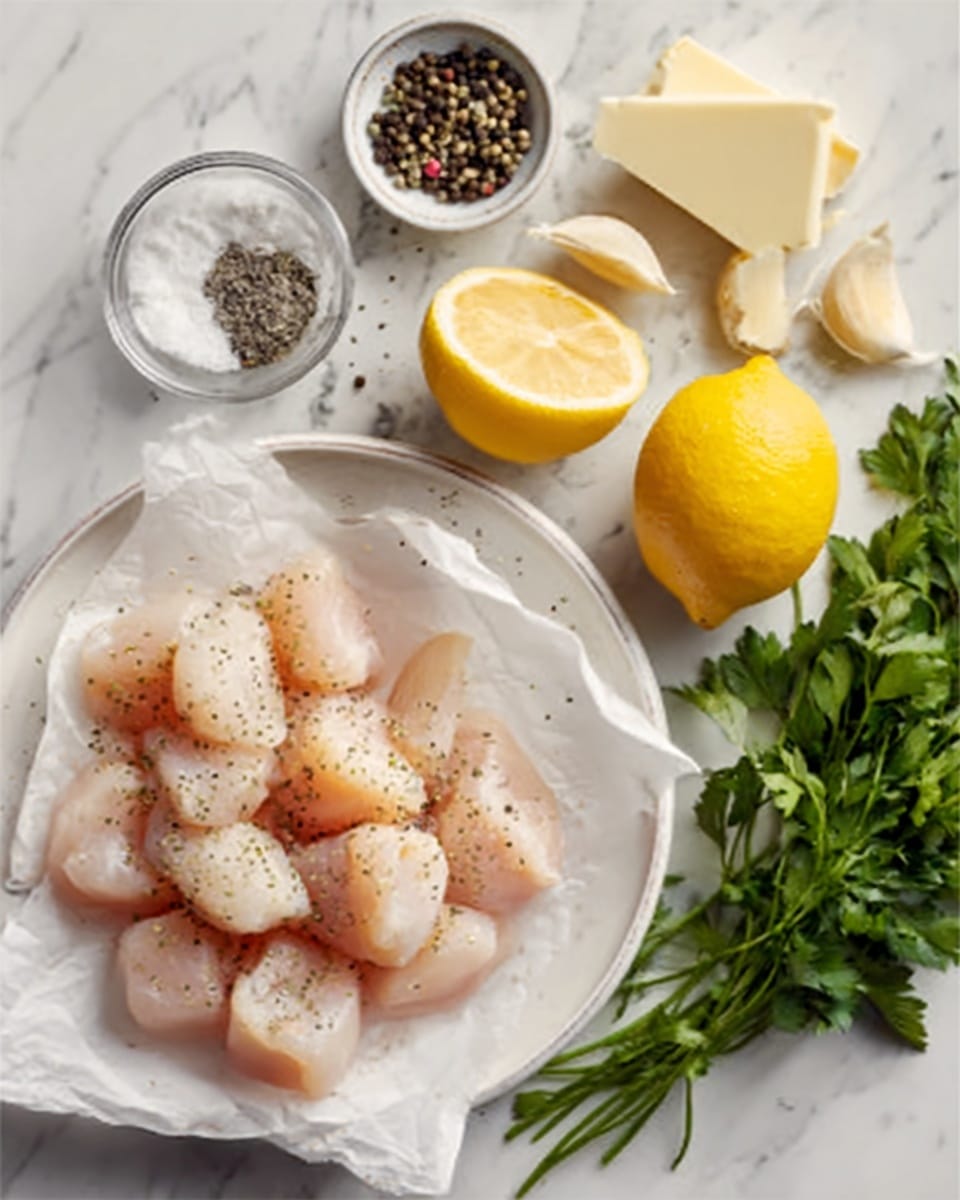 A white plate with small, raw pieces of seasoned chicken placed on white parchment paper, beside a halved and whole lemon, a small clear bowl with peppercorns, peeled garlic cloves, a pile of white salt, a small stack of butter slices, and a bunch of fresh green parsley. The surface underneath is a white marbled texture. Photo taken with an iphone --ar 4:5 --v 7
