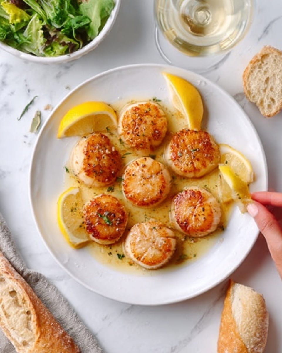 A white plate holds eight golden-brown cooked scallops arranged in a circle. The scallops have a slightly crispy surface with light seasoning visible. Inside the circle, there is a light yellow sauce or butter. Three lemon wedges with bright yellow peel and pale juicy flesh are placed on the plate edges, two at the top left and one at the bottom right. In the background, there is a white marbled surface with a white bowl of green leafy salad at the top left, a piece of light brown bread near the top center, a white wine glass at the bottom right, and a sliced baguette on the left side. A woman's hand is holding a scallop at the top right. Photo taken with an iphone --ar 4:5 --v 7