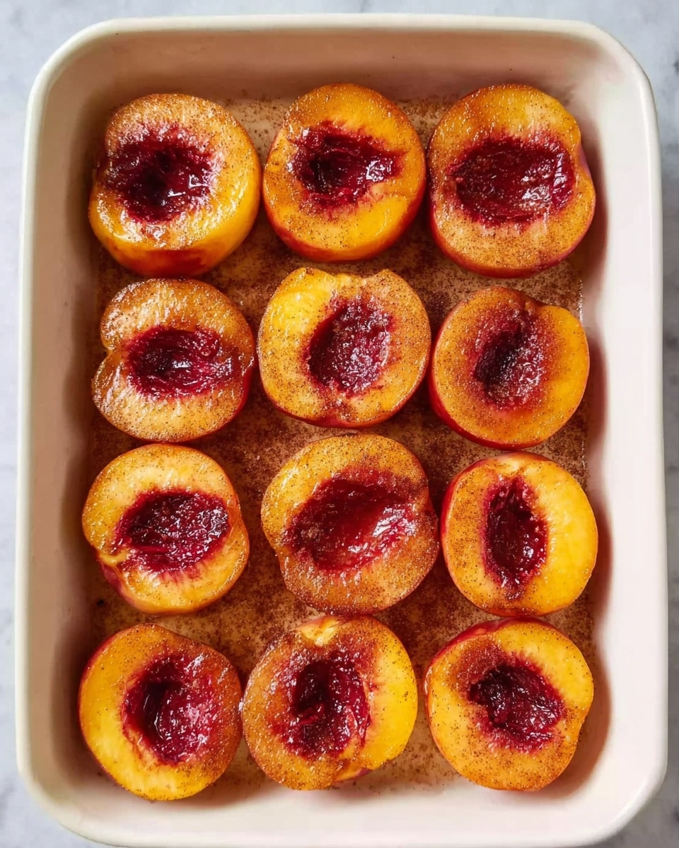 The image shows a white rectangular baking dish filled with twelve peach halves arranged in a 3x4 grid. Each peach half is positioned with the cut side up, revealing a deep red center where the pit was removed. The peach flesh is golden-yellow with a slight caramelized texture, dusted lightly with cinnamon or spice, creating a warm, rustic appearance. The dish sits on a white marbled surface. photo taken with an iphone --ar 4:5 --v 7