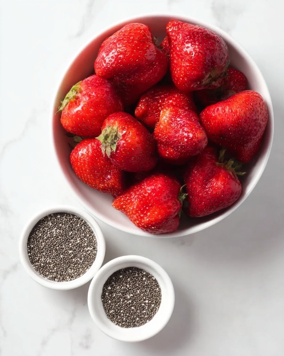 A large white bowl filled with many fresh red strawberries with visible seeds, showing different sizes and rich red color variations; below it, two smaller white bowls sit side by side, one empty and the other filled with small, black and white chia seeds. All bowls rest on a white marbled surface. photo taken with an iphone --ar 4:5 --v 7