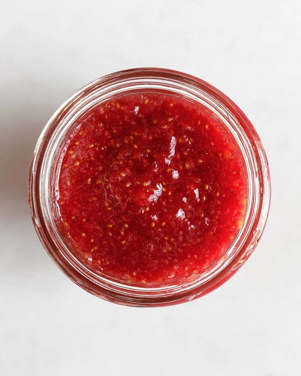 A clear glass jar filled with one layer of bright red strawberry jam that has visible small seeds and chunks of fruit, showing a slightly thick and textured surface. The jar sits on a white marbled surface, viewed from directly above. photo taken with an iphone --ar 4:5 --v 7