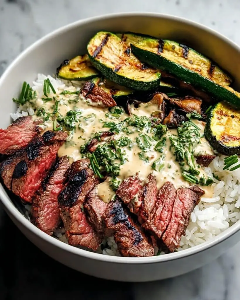 Grilled Steak Bowl with Zucchini and Herb Sauce Recipe
