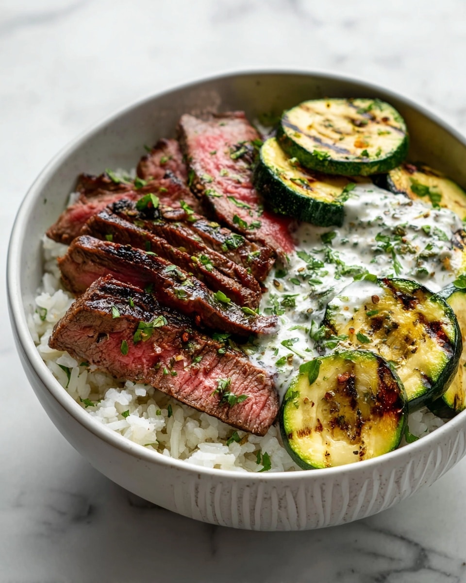 In a white bowl on a white marbled surface, there is a base layer of white rice with a soft texture. On top of the rice, there are thick slices of cooked steak showing a pink interior with a browned, grilled outer edge, sprinkled with green herbs. Next to the steak, several grilled zucchini slices with dark grill marks create a green and yellow layer, also garnished with chopped herbs. A creamy white sauce mixed with green herbs is positioned beside the steak and zucchini, adding some texture contrast in the bowl. photo taken with an iphone --ar 4:5 --v 7