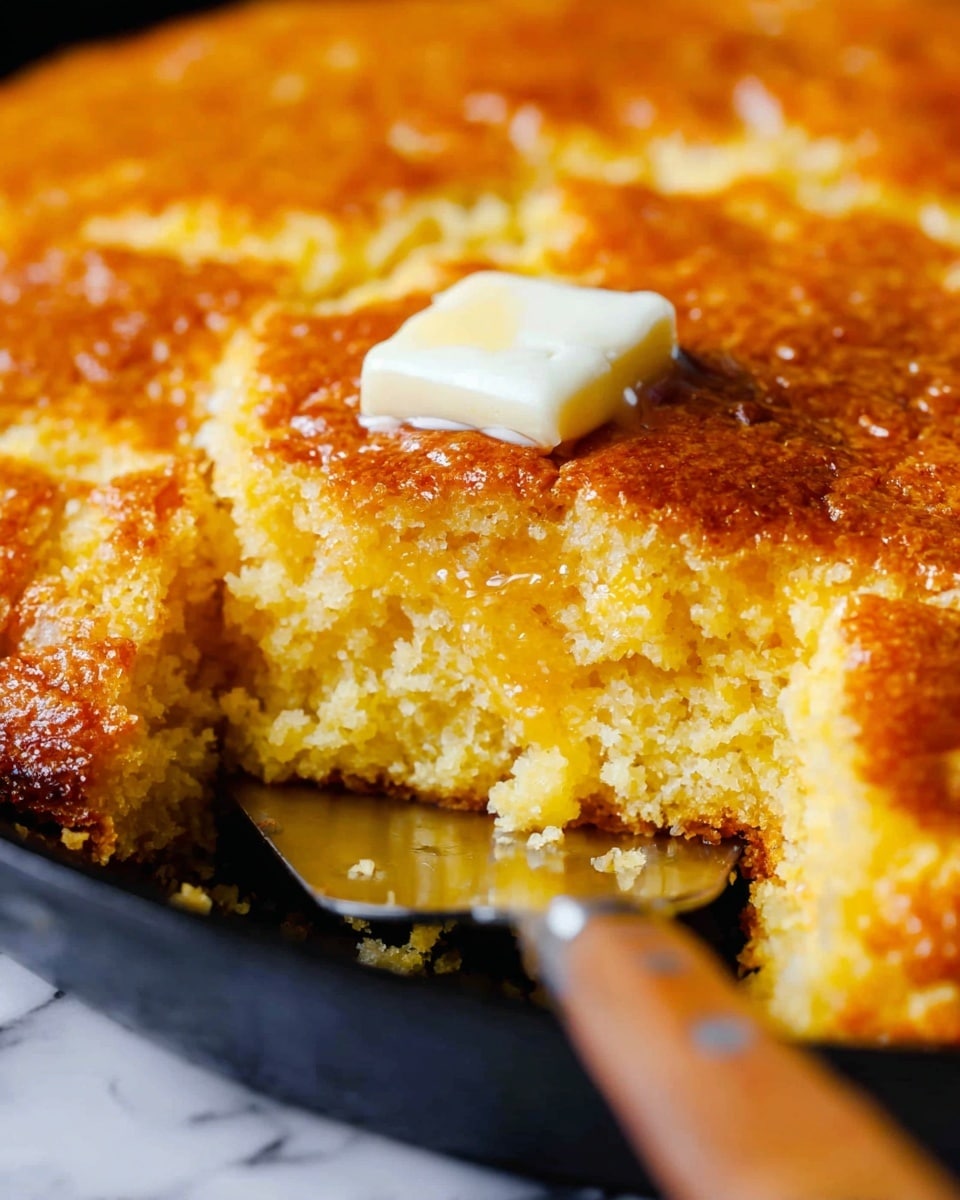 The image shows a thick slice of golden baked cornbread in a dark pan, with a close-up focus on its crunchy, textured top layer that is deep golden brown. A small square of melting butter sits on the top, glistening as it spreads slightly over the warm cornbread. The inside layer is soft and moist, lighter yellow in color with a slightly crumbly texture. A silver spatula with a wooden handle is partially under the slice, ready to lift it out. The background surface is a white marbled texture. photo taken with an iphone --ar 4:5 --v 7