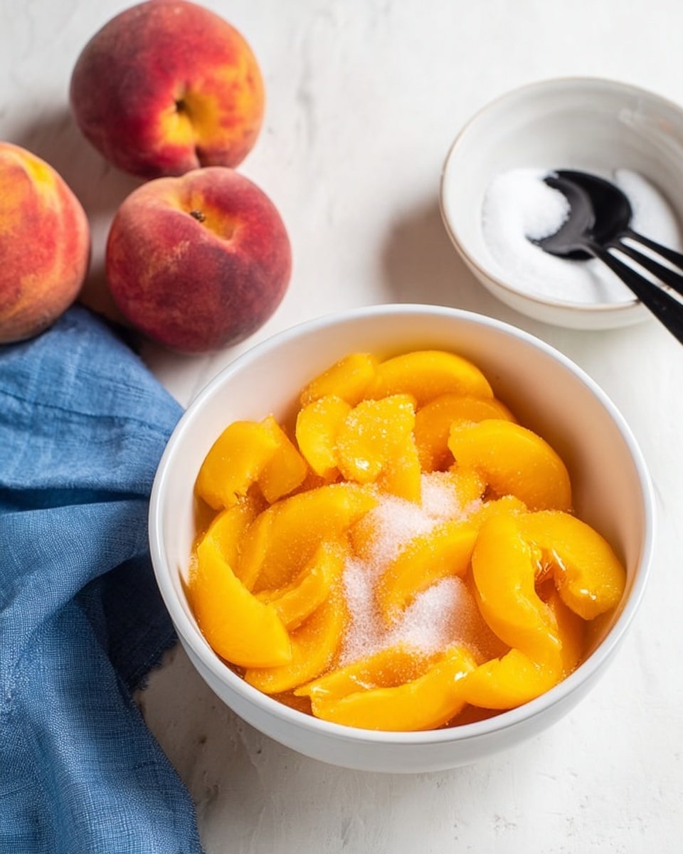 A white bowl filled with bright orange peach slices topped with white granulated sugar, placed on a white marbled surface. To the left of the bowl, there is a blue cloth napkin with four whole peaches resting on it, showing their red and yellow skin. To the right, there is a small white bowl holding more granulated sugar with two black spoons inside. The overall setting is bright and clean, with soft natural light. photo taken with an iphone --ar 4:5 --v 7