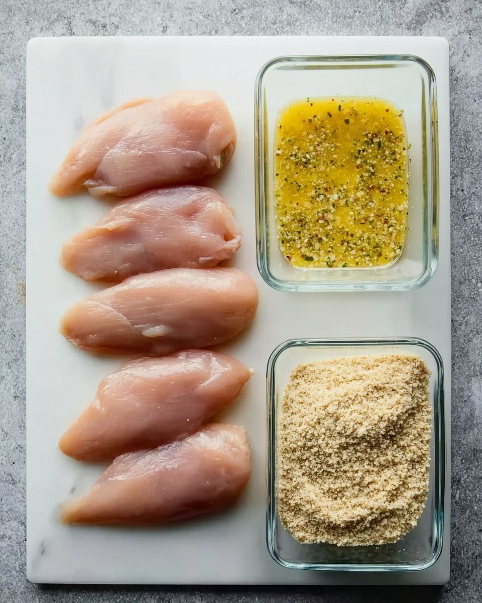 The image shows four raw chicken fillets with a pinkish color and smooth texture, laid side by side on a white cutting board. Below the board are two clear rectangular glass dishes placed on a white marbled surface; the left dish contains a yellow egg mixture with visible small green herbs, while the right dish holds a coarse, light beige breadcrumb mixture. A woman's hand is not visible but implied to be near the setup. Photo taken with an iphone --ar 4:5 --v 7