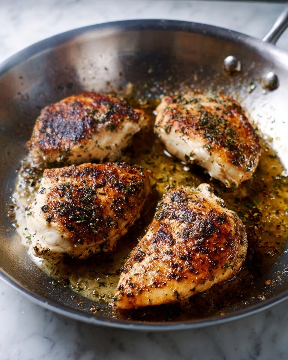 Four pieces of cooked seasoned chicken with a browned, crispy outside sit in a shiny silver frying pan. The chicken pieces are golden and dark brown with herbs sprinkled on top. The pan has small pools of oil and some browned bits around the chicken. Steam rises softly from the chicken, showing it is hot. Everything is on a white marbled surface in soft light. photo taken with an iphone --ar 4:5 --v 7