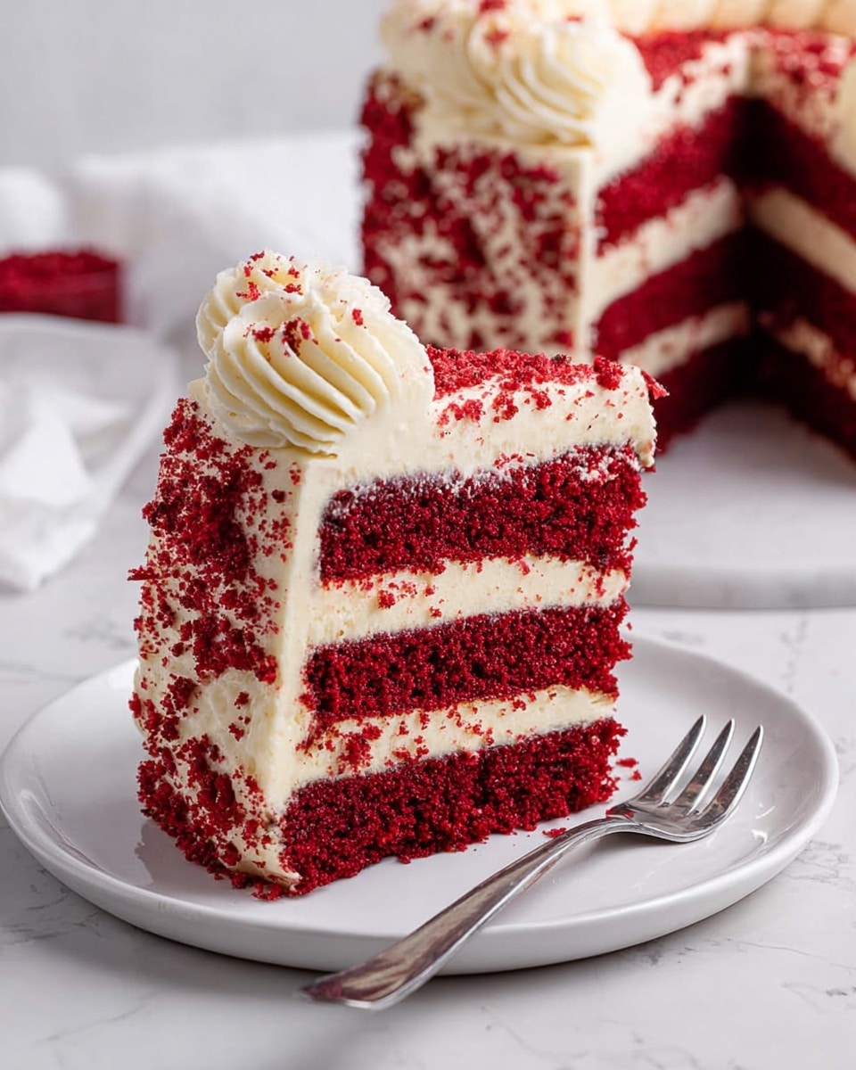 A red velvet cake with two thick red layers and a creamy white layer in the middle sits on a white plate on a white marbled surface. The cake is covered in smooth white frosting with decorative swirls on the top edge. The top and bottom edges are covered with red crumbs, which also sprinkle on the white frosting. A slice is removed and placed on a small white plate nearby, showing the layers clearly. A vintage silver knife lies next to the cake, and in the background, there are stacked white plates with forks on top and a white container. Photo taken with an iphone --ar 4:5 --v 7