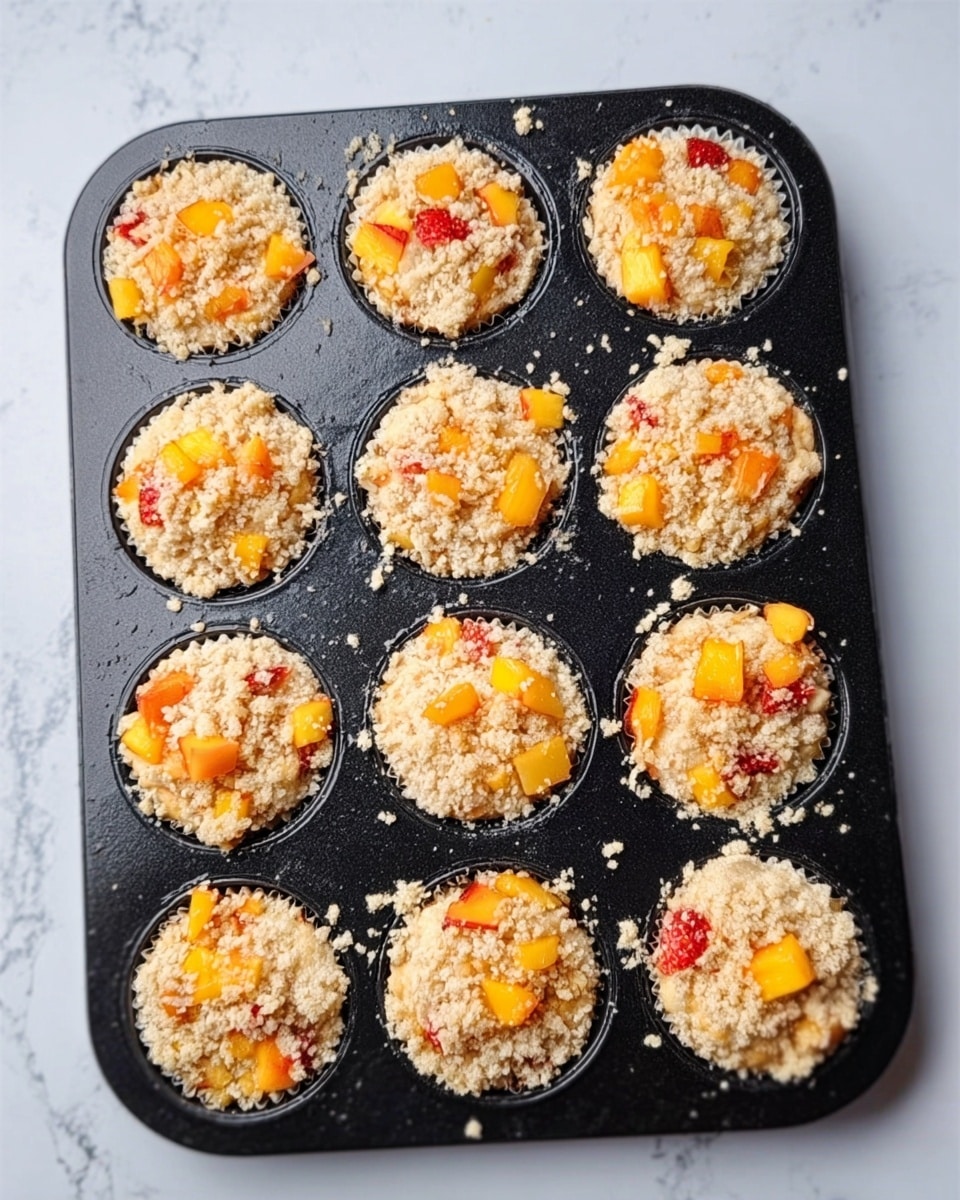 The image shows a black muffin tray with twelve muffins inside, each topped with small orange and red fruit pieces, likely mango and strawberry chunks. The muffins have a light crumbly topping in a pale beige color and a soft textured base that looks creamy or cake-like. The fruit is scattered on top of each muffin evenly with some crumbs sprinkled around the fruit, creating a mix of rough and smooth textures. The muffin tray is placed on a white marbled surface. Photo taken with an iphone --ar 4:5 --v 7