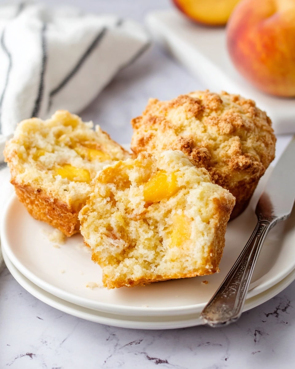 The image shows a white plate with two peach muffins, one whole and the other broken in half to reveal a soft and moist inside with chunks of peach embedded. The muffins have a golden brown crumbly top layer with a slightly rough texture. The interior layer is light yellow with visible peach pieces scattered throughout, giving a moist and fluffy look. A silver knife is placed on the right side of the plate, and the background features a white marbled surface with part of a peach and a white cloth with black stripes in the top left corner. Photo taken with an iphone --ar 4:5 --v 7