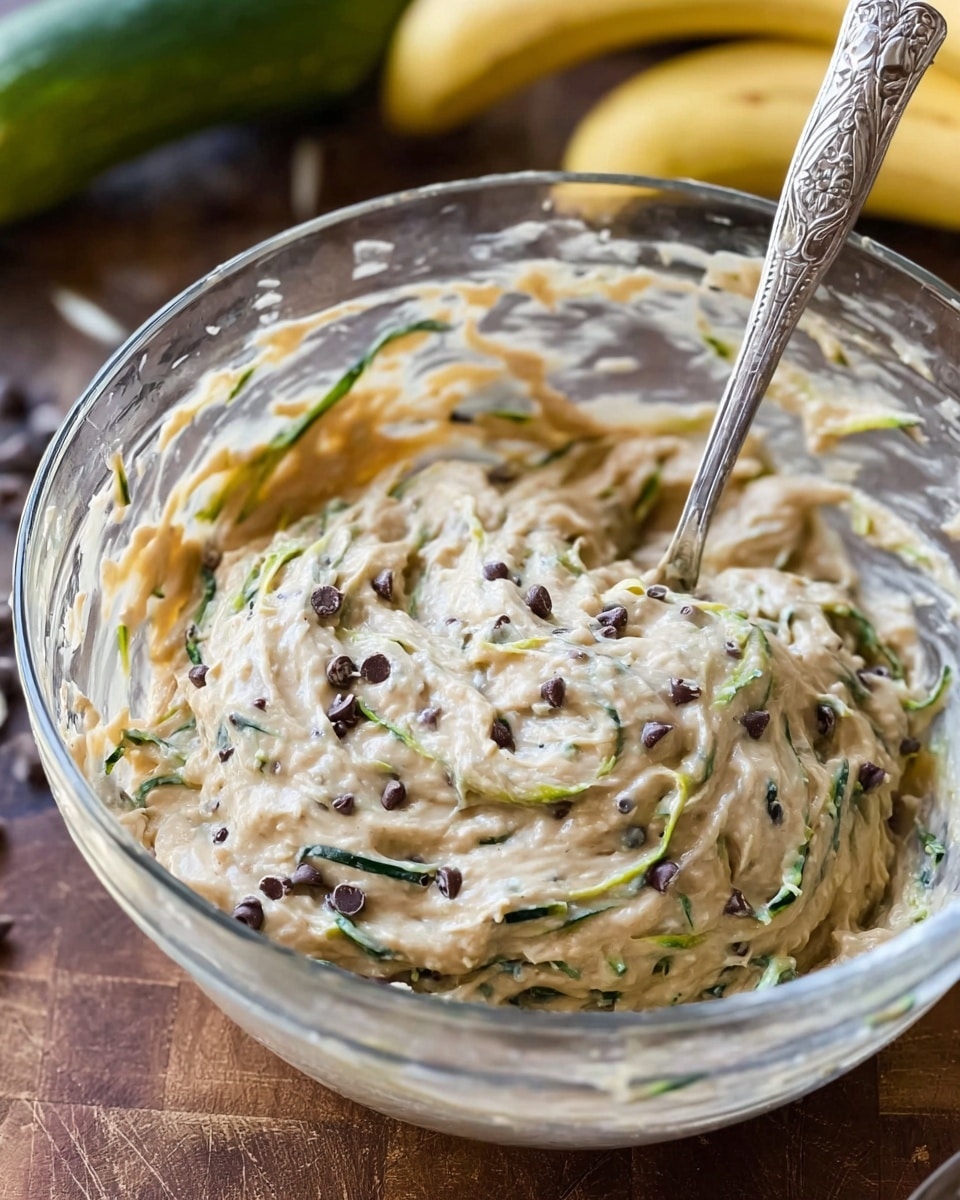 A clear glass bowl filled with thick batter that has light beige color with visible small dark chocolate chips scattered throughout. Thin green zucchini strands mix evenly into the batter, adding a textured look. A silver spoon with a decorated handle is standing inside the bowl on the right side, partially covered in batter. The bowl is placed on a wooden surface with blurred bananas and other green ingredients in the background. The overall scene looks fresh and homemade. Photo taken with an iphone --ar 4:5 --v 7