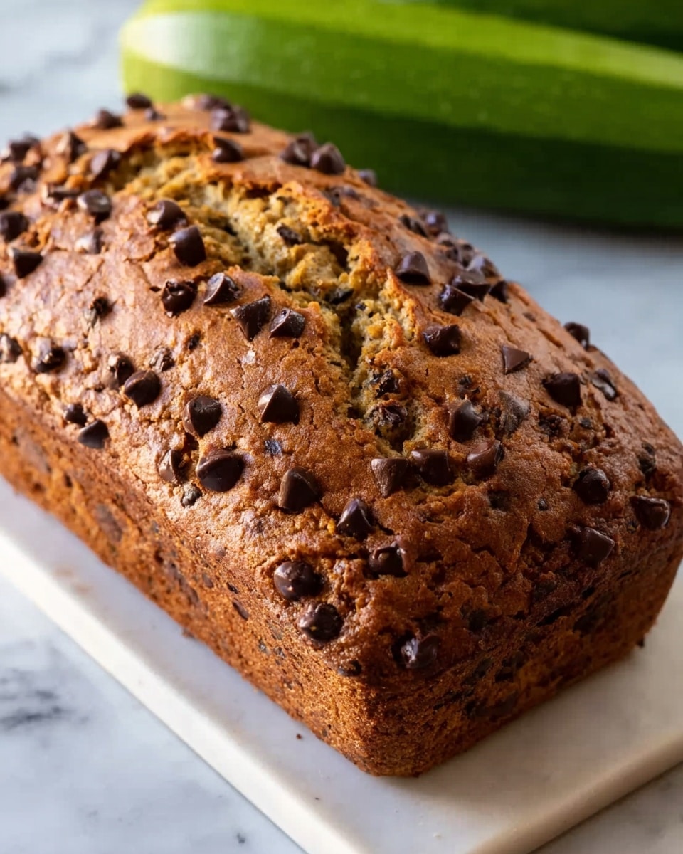 A loaf of bread with a golden-brown crust covered in small chocolate pieces is placed on a white rectangular tray on a white marbled surface. The bread has a thick, hearty texture with visible chocolate chips spread all over the top and showing in the cracks. The background shows green zucchini slightly out of focus, adding a natural touch to the scene. Photo taken with an iphone --ar 4:5 --v 7
