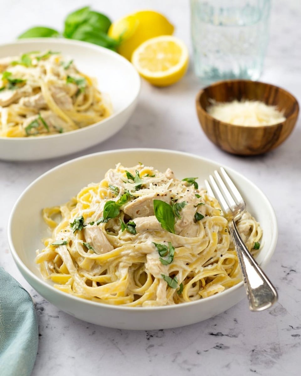 The image shows two white shallow bowls on a white marbled surface, each filled with creamy pasta. The pasta is light yellow, coated in a thick white sauce with tender white strips of chicken mixed in. Bright green basil leaves and small chopped green herbs are sprinkled on top for color. A silver fork rests on the edge of the front bowl. In the background, there is a small wooden bowl with grated cheese and a glass of water. A lemon wedge is placed near the back bowl. The photo is bright and clean with soft natural light, photo taken with an iphone --ar 4:5 --v 7