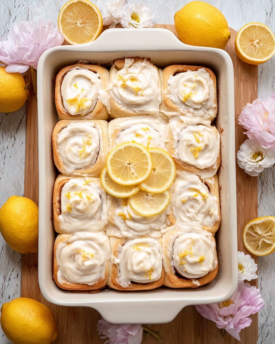 A close-up view of soft cinnamon rolls in a white baking dish, each roll showing a thick spiral layer of light golden-brown dough topped with a smooth, creamy white icing that swirls around the top surface, sprinkled with small bits of bright yellow lemon zest, all placed on a white marbled surface with blurred purple flowers and a halved lemon in the background, photo taken with an iphone --ar 4:5 --v 7