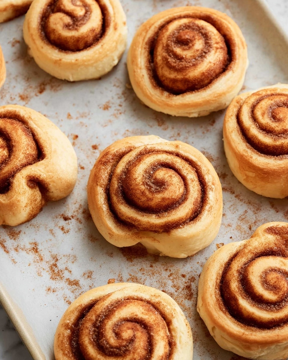 The image shows several cinnamon rolls on a baking tray with a light tan color and soft texture. Each cinnamon roll has a spiral shape with a darker brown cinnamon sugar layer inside, forming several smooth, round layers starting from the center and expanding outward. The dough looks slightly golden on the outside with some areas appearing fluffier and lighter. A few rolls have a small heart shape attached to the spiral, made by pinching the dough in the middle to create a split shape with two rounded sides. The tray is lined with parchment paper and is placed on a white marbled surface. The rolls have a slight sheen from baking and some specks of cinnamon sugar are scattered around the tray. photo taken with an iphone --ar 4:5 --v 7