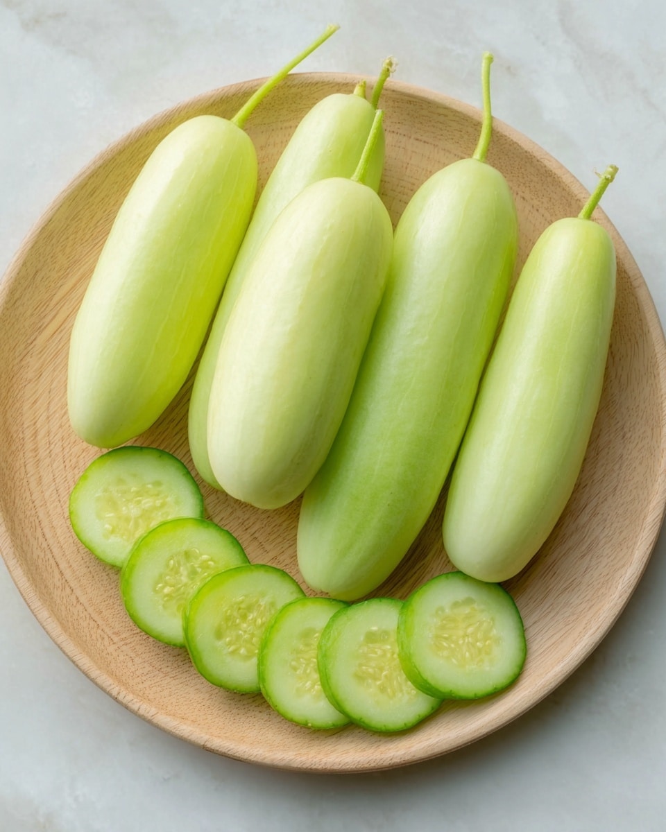 The image shows six pale green cucumbers placed in a round white plate with a light wooden texture pattern visible beneath them. Five of the cucumbers are whole, standing upright with their stem ends facing up, while one cucumber is sliced into six round pieces arranged in a curved line near the front edge of the plate. The cucumbers have a smooth, fresh appearance with a light green color, and the slices reveal a translucent, pale green interior with tiny seeds. The plate sits on a white marbled surface. photo taken with an iphone --ar 4:5 --v 7
