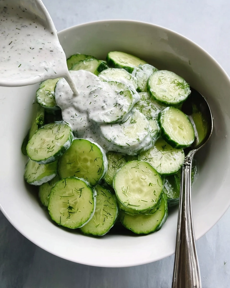 A white bowl filled with thick, sliced cucumber rounds neatly stacked inside. Above the bowl, a woman’s hand is pouring a creamy, white dressing mixed with finely chopped herbs over the cucumbers. A shiny silver spoon rests inside the bowl on the right side. The bowl sits on a white marbled surface. Photo taken with an iphone --ar 4:5 --v 7