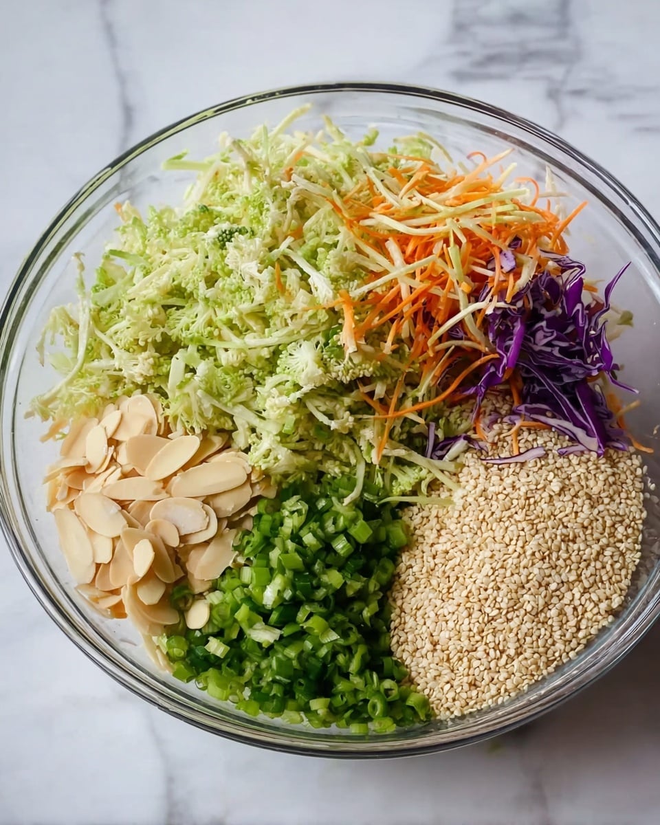 A clear glass bowl filled with four distinct sections of ingredients: the largest section has light green shredded broccoli stems mixed with thin orange carrot strips and a few small purple cabbage pieces, creating a textured pile on the top right; below it, there is a cluster of thinly sliced, pale beige almonds on the left side; next to that on the bottom center is a mound of freshly chopped dark green scallions with a moist, crisp texture; and on the bottom right, a pile of small, off-white sesame seeds with a slightly rough texture. The bowl sits on a white marbled surface. Photo taken with an iphone --ar 4:5 --v 7