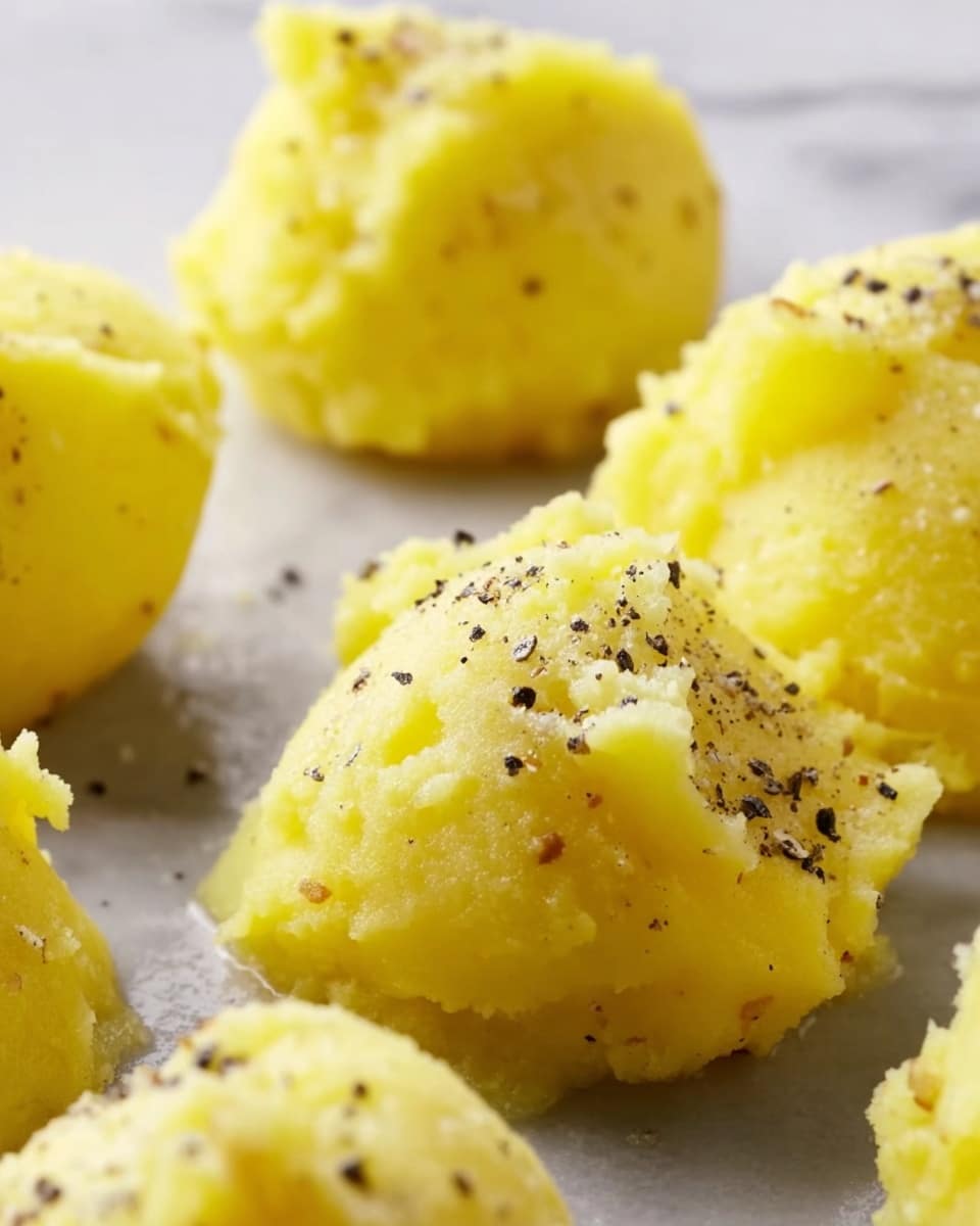 The image shows several small scoops of bright yellow mashed potatoes placed on a white marbled surface. Each scoop has a soft and smooth texture with some rough edges and tiny lumps, sprinkled lightly with black pepper and bits of garlic or seasoning. The mashed potatoes shine slightly, showing moisture, and they are arranged closely but not touching. The background is out of focus, emphasizing the creamy scoops in the foreground. photo taken with an iphone --ar 4:5 --v 7