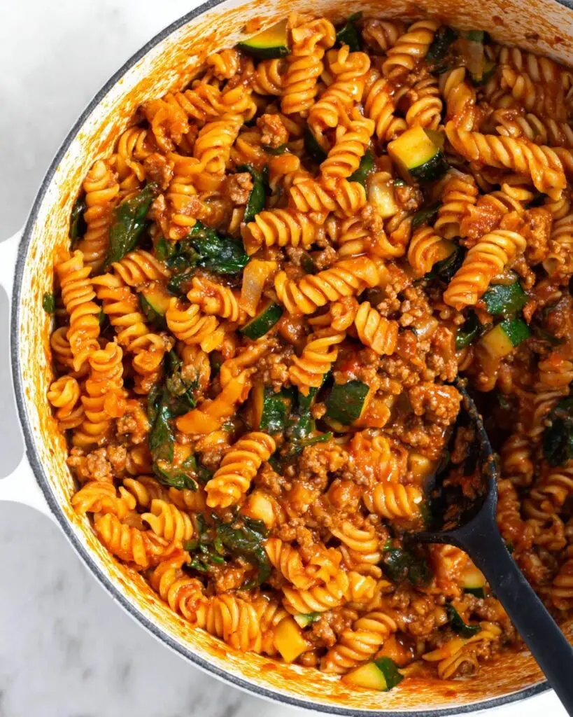 Ground Turkey Pasta with Zucchini, Mushrooms, and Spinach Recipe