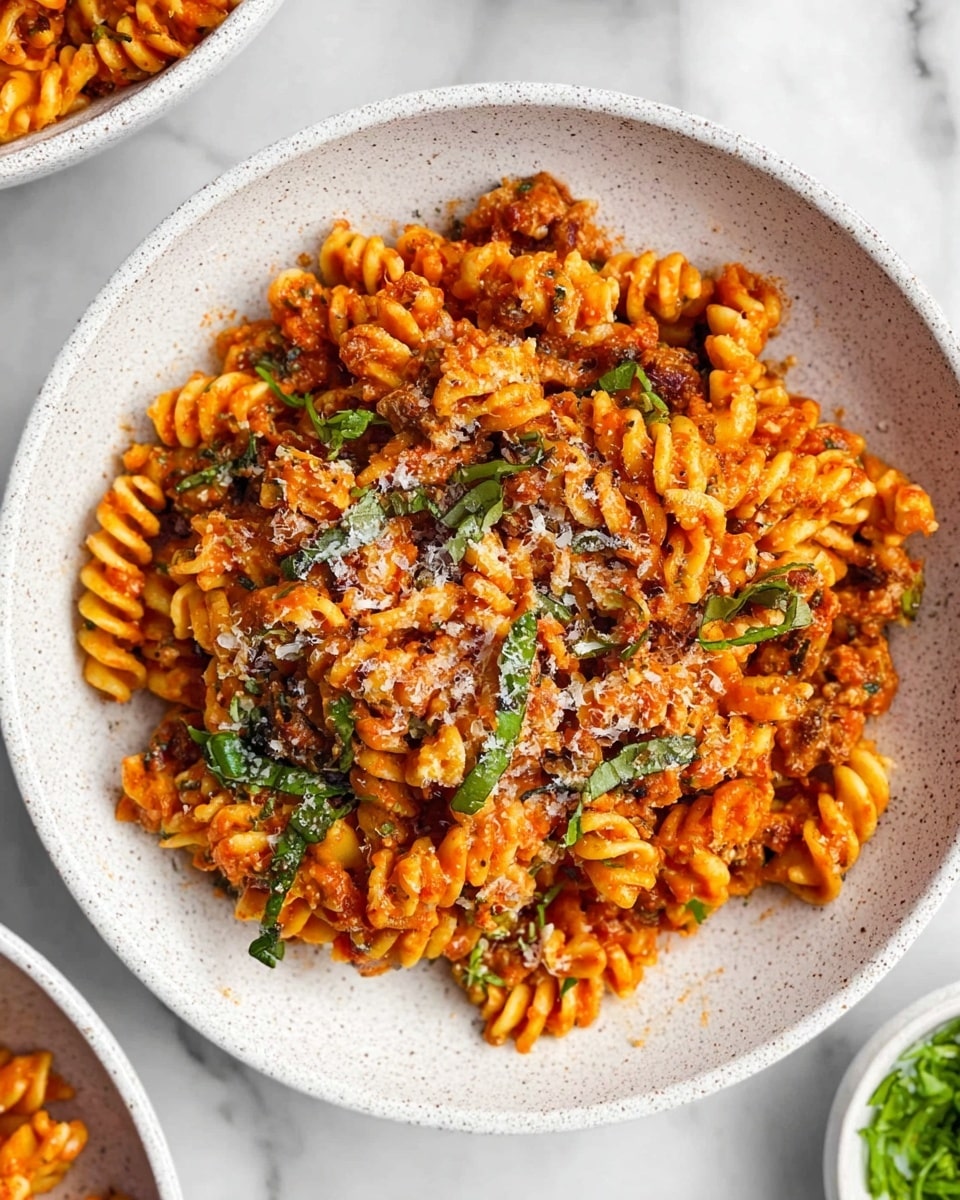 A close-up of a white speckled bowl filled with a spiral pasta dish coated in a rich orange-red sauce mixed with small pieces of cooked meat and green leafy herbs scattered throughout. The pasta is tightly packed with visible texture from the sauce and some grated cheese sprinkled lightly on top, enhancing the dish's vibrant colors. The bowl sits on a white marbled surface with a partial glimpse of another similar bowl and some green garnish in a small white container in the background. photo taken with an iphone --ar 4:5 --v 7