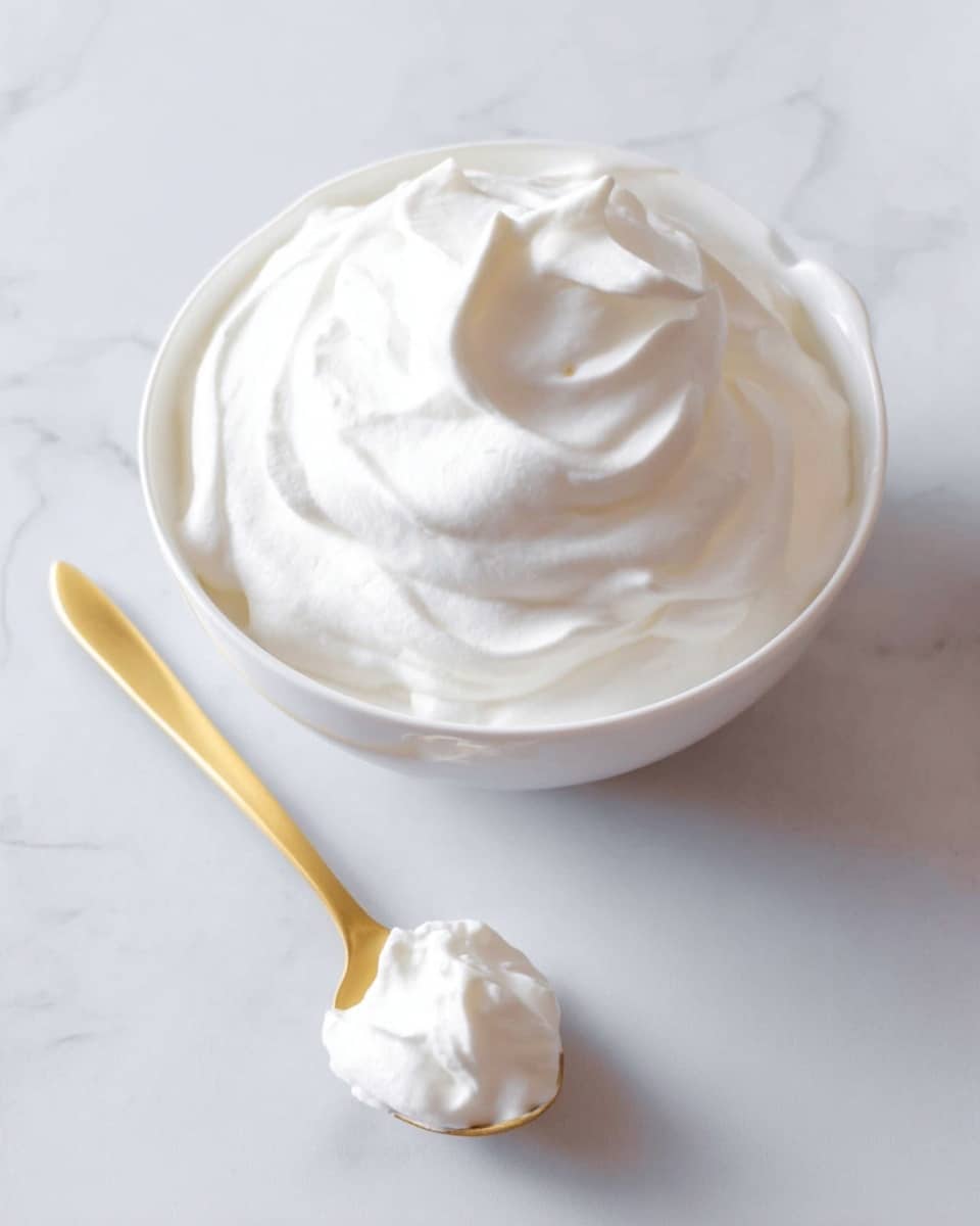 A close-up view of a metal whisk covered with thick, fluffy white cream that forms soft peaks, dripping slightly from the wires. The cream looks smooth and glossy, sitting on the whisk which stands against a dark background. photo taken with an iphone --ar 4:5 --v 7