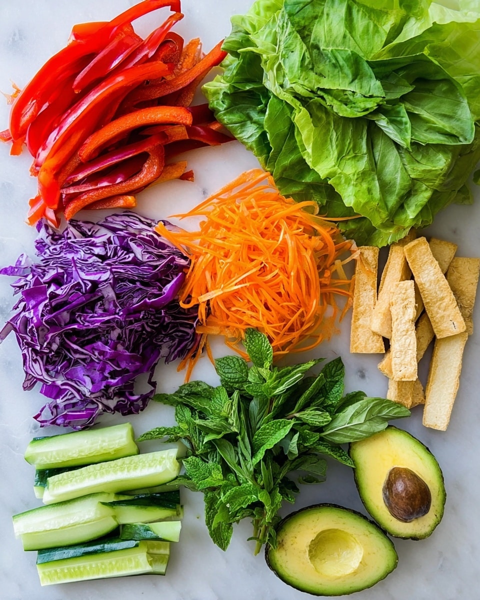The image shows a colorful and fresh spread of ingredients arranged separately on a white marbled surface. There are seven clear layers: bright red bell pepper strips on the top left, thinly sliced deep purple cabbage next to them, fresh green lettuce leaves below the peppers, a vibrant pile of shredded orange carrots in the center, dark green cucumber sticks arranged at the bottom left, two halves of an avocado with one showing its seed near the bottom right, and golden brown tofu sticks on the far right. In the middle, there is a small bunch of fresh green herbs including basil and mint. The colors are bright and the textures vary from crisp leaves to smooth avocado skin. Photo taken with an iphone --ar 4:5 --v 7