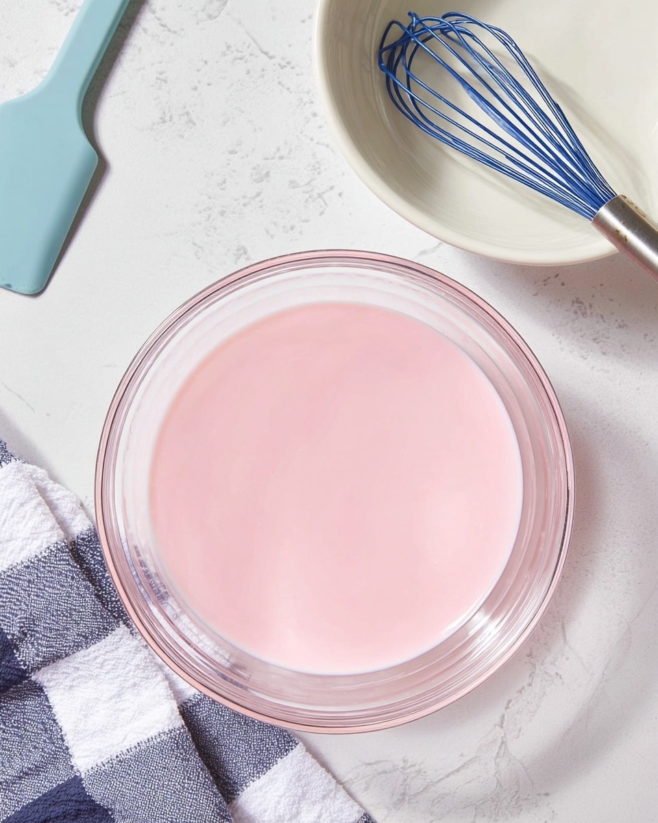 A clear glass bowl holds a smooth, light pink liquid mixture that fills about half of the bowl. To the top right, a white bowl contains a metal whisk with a blue handle resting inside it. To the top left, a blue silicone spatula lies flat on a white marbled surface. A folded white and navy checkered cloth is placed partially underneath the bowl at the bottom left corner. The photo has soft, natural lighting and a clean, bright feel. photo taken with an iphone --ar 4:5 --v 7