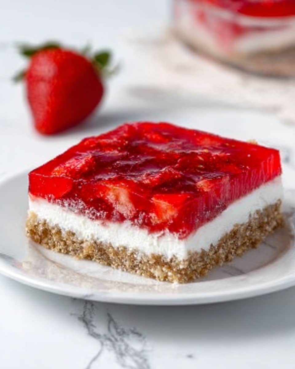 The image shows a square slice of a layered dessert on a white plate with a white marbled surface underneath. The dessert has three layers: the bottom layer is a light brown crumbly crust, the middle layer is thick, white, and creamy, and the top layer is a bright red jelly with pieces of strawberries inside. There is a whole strawberry placed in the background next to the dessert. The photo has soft natural light and a clean, simple look. photo taken with an iphone --ar 4:5 --v 7