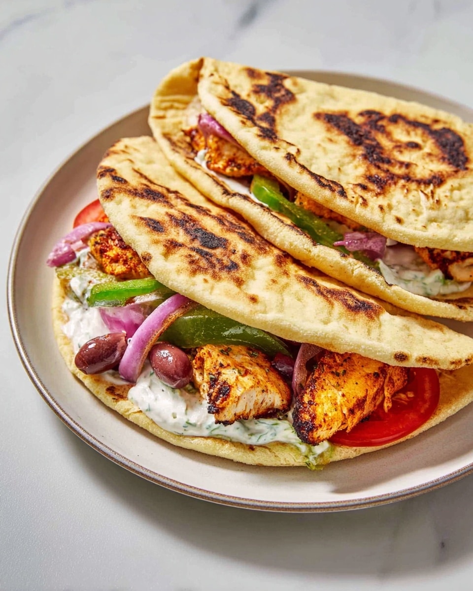 Two flatbreads are folded and stacked on a round white plate. Each flatbread is light golden with brown spots and a soft texture. Inside the flatbreads, there are grilled pieces of orange-brown chicken, bright green sliced peppers, thick slices of red tomatoes, thin purple onion slices, and a few dark purple olives. White sauce is spread inside, visible on the edges. The plate is set on a white marbled surface. Photo taken with an iphone --ar 4:5 --v 7